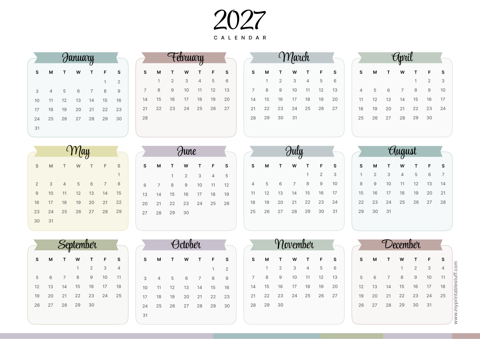 Muted Ribbon 2027 Calendar Landscape