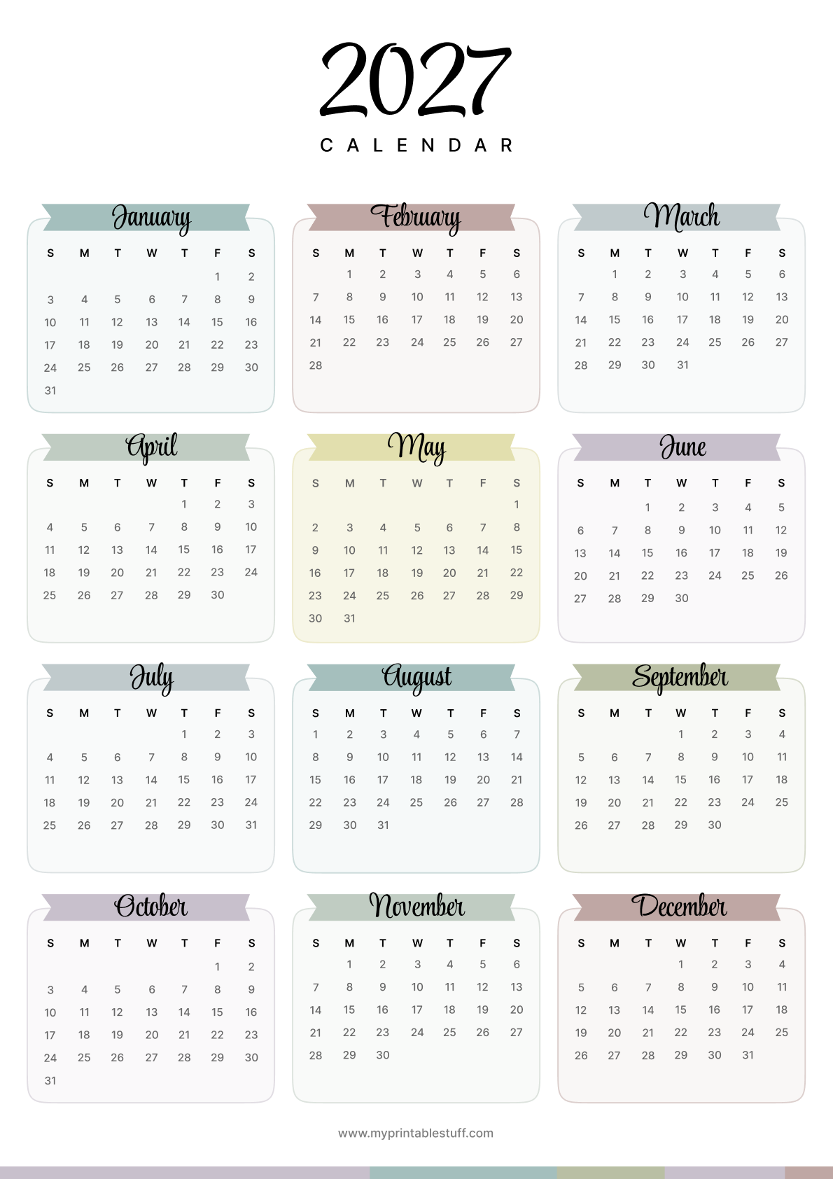 Muted Ribbon 2027 Calendar Portrait