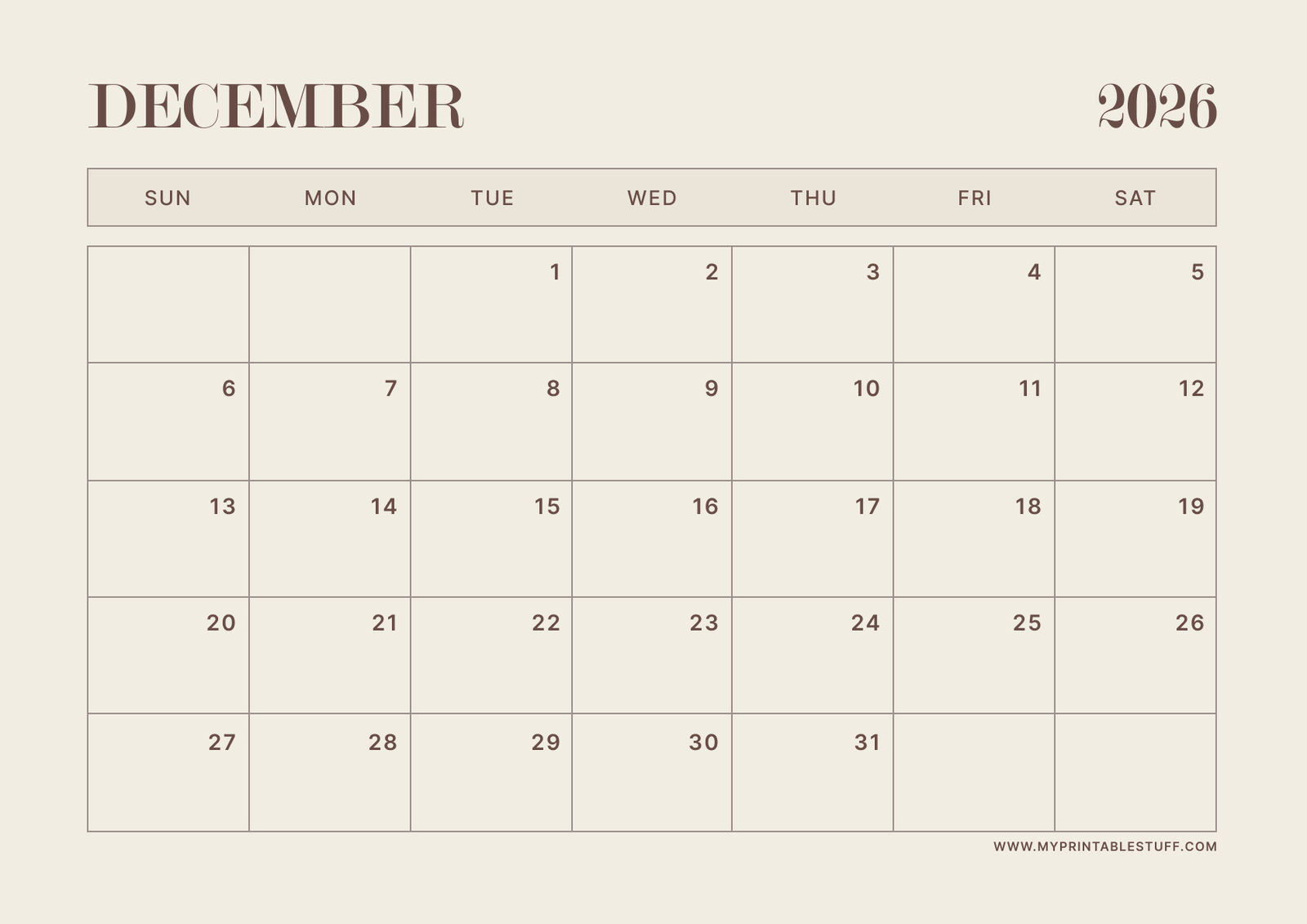 Neutral Aesthetic Design December 2026 Calendar Landscape