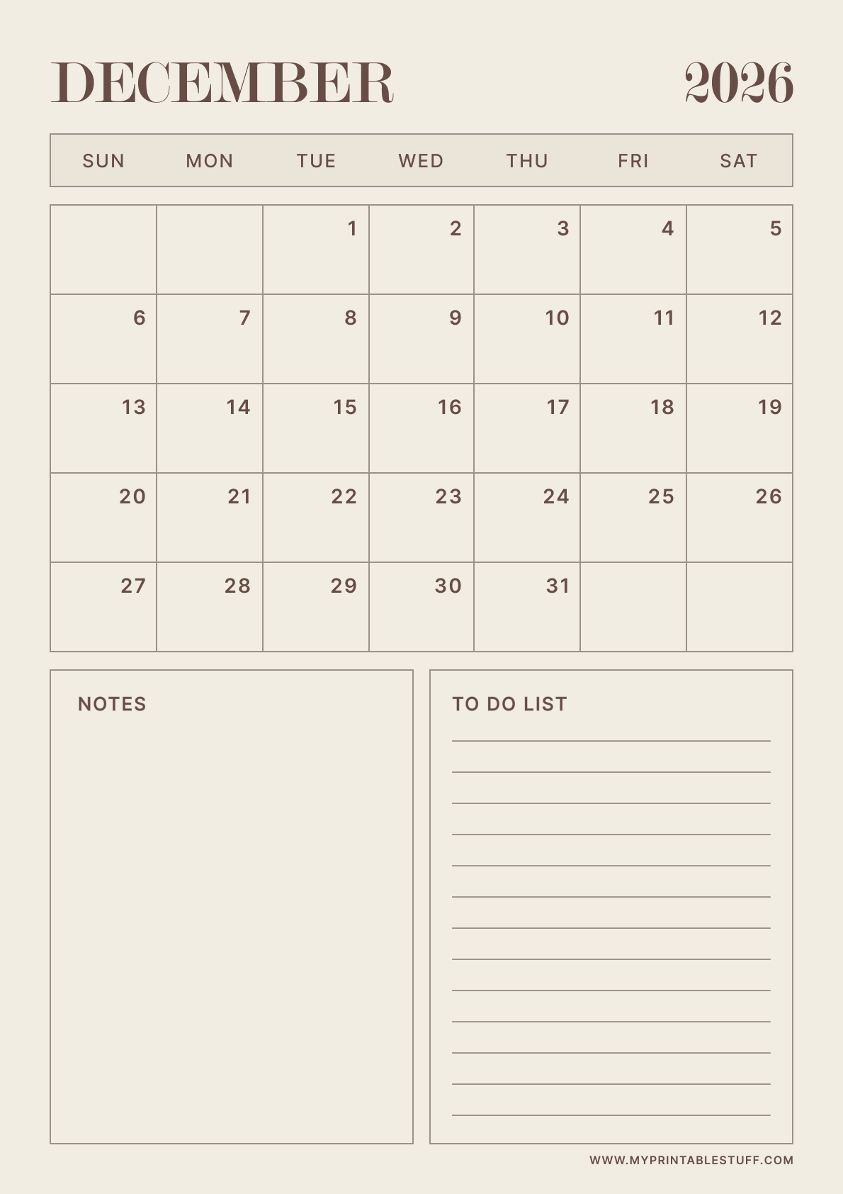 Neutral Aesthetic Design December 2026 Calendar Portrait