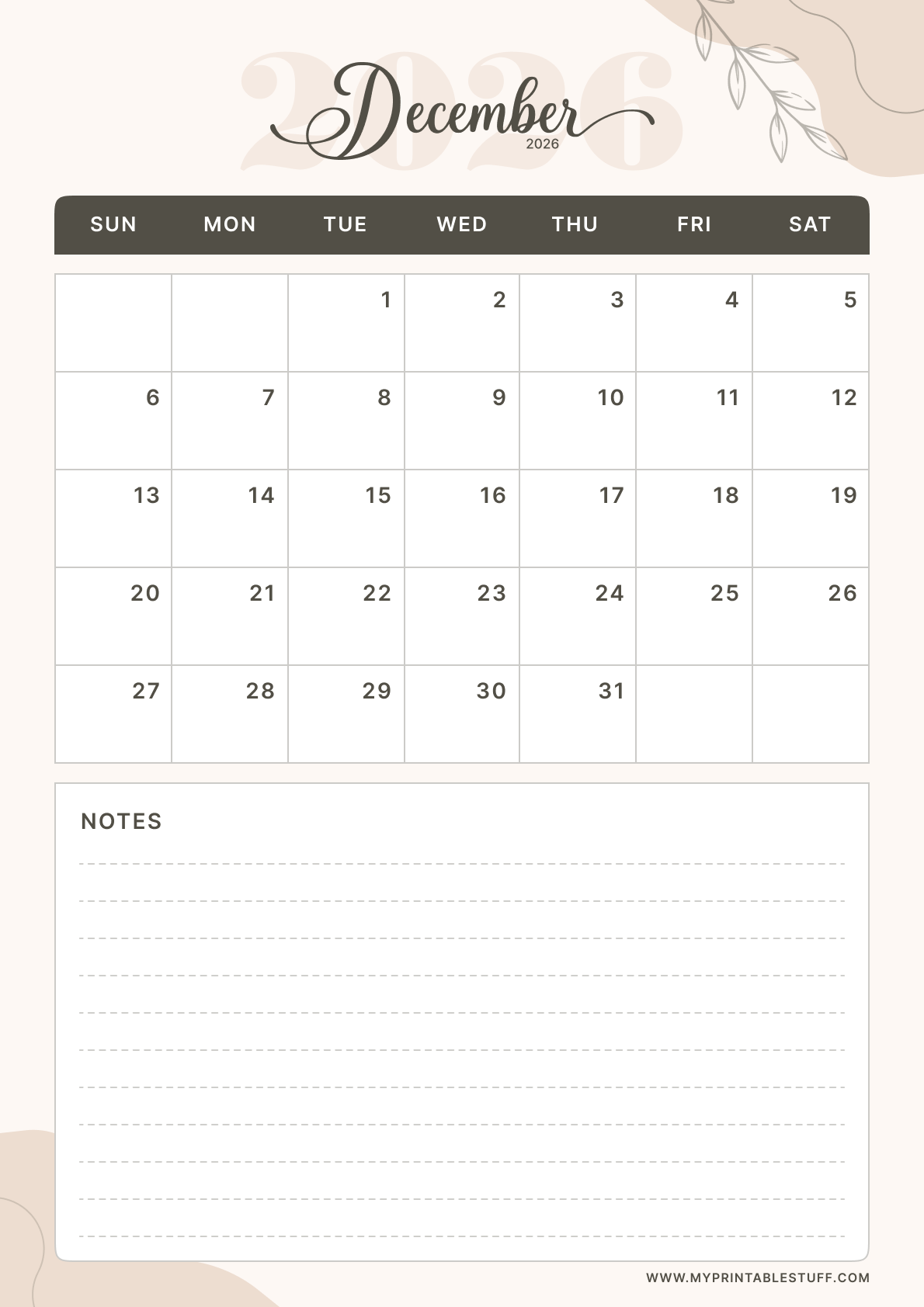 Soft Elegance Design December 2026 Calendar Portrait