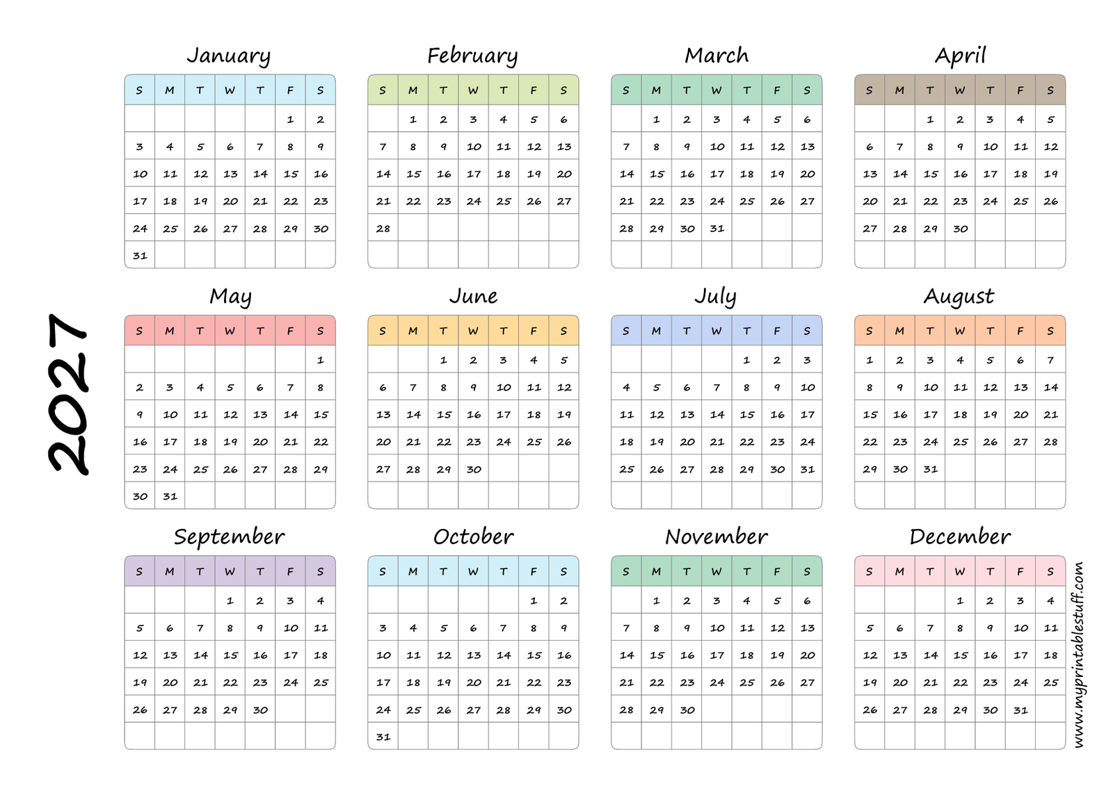 Soft Rainbow Grid 2027 Calendar Landscape