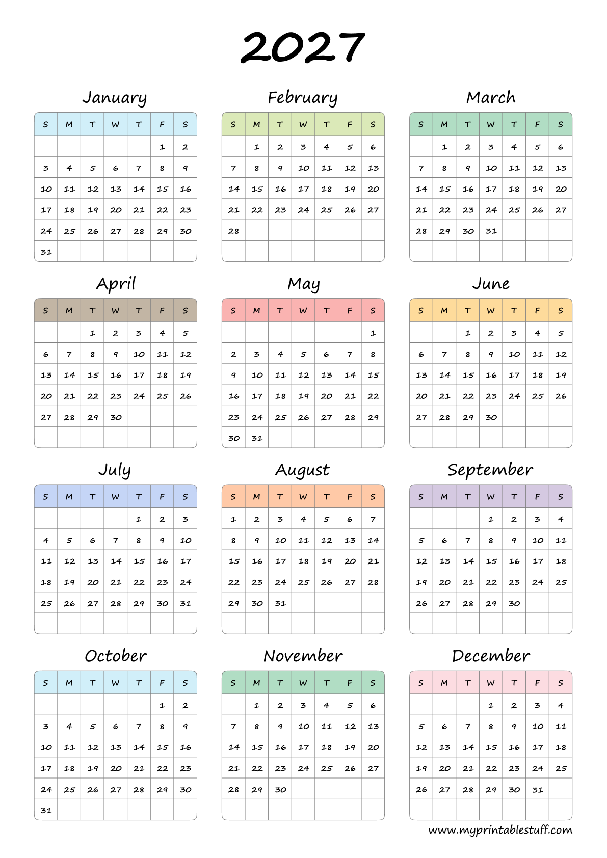 Soft Rainbow Grid 2027 Calendar Portrait