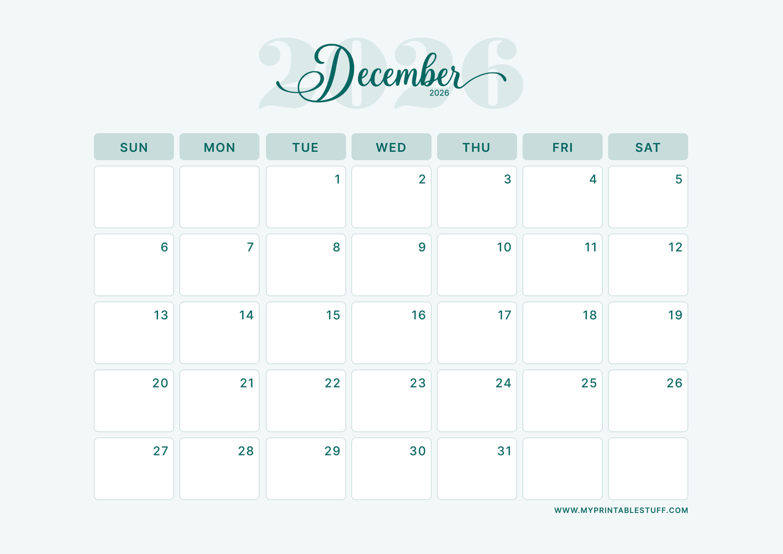 Teal Elegance Design December 2026 Calendar Landscape