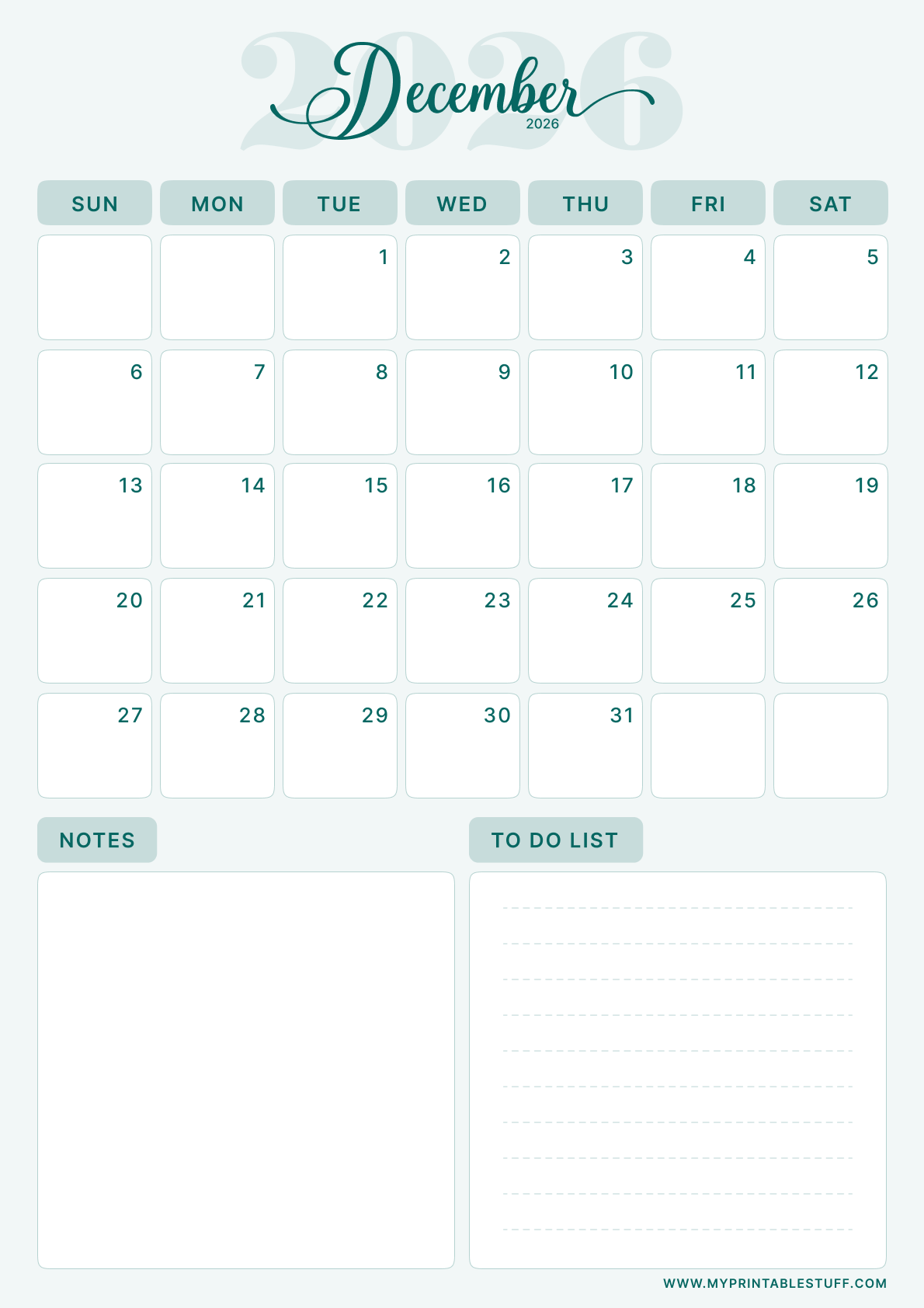 Teal Elegance Design December 2026 Calendar Portrait