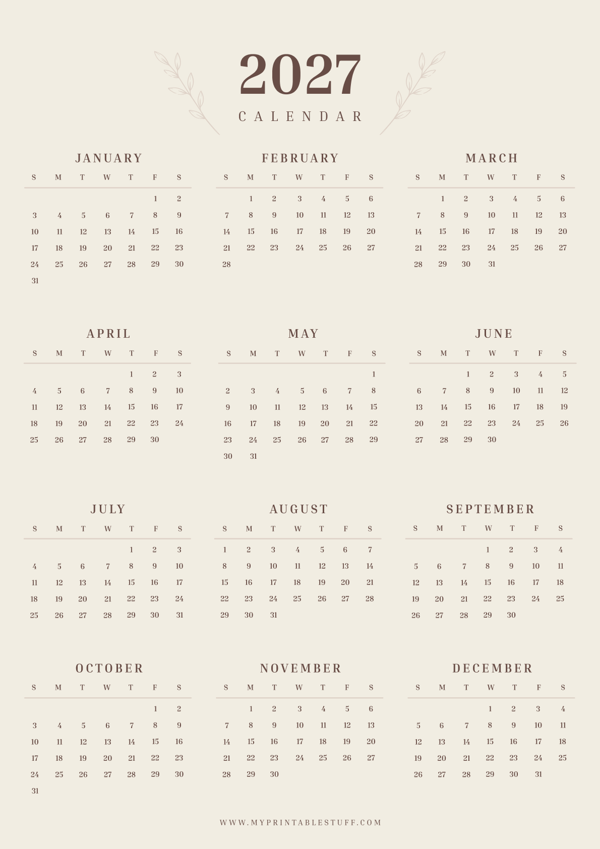 Warm Linen Edition 2027 Calendar Portrait