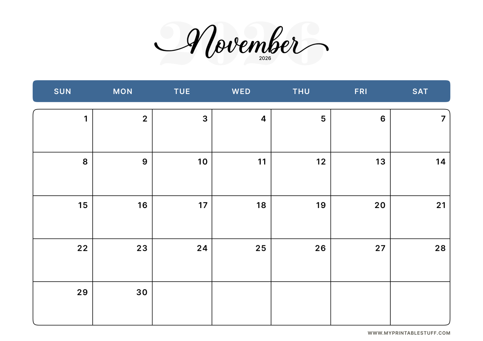 Classic Blue Design November 2026 Calendar Landscape