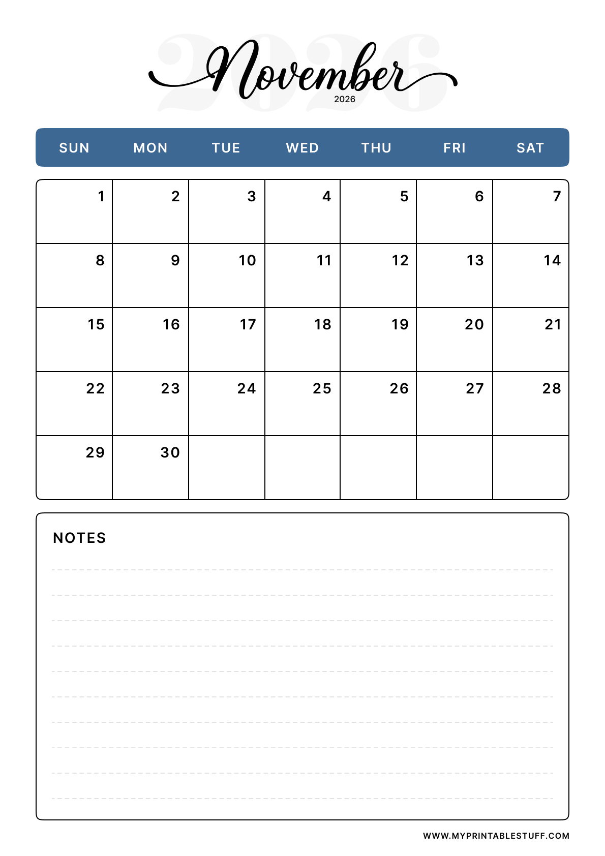 Classic Blue Design November 2026 Calendar Portrait