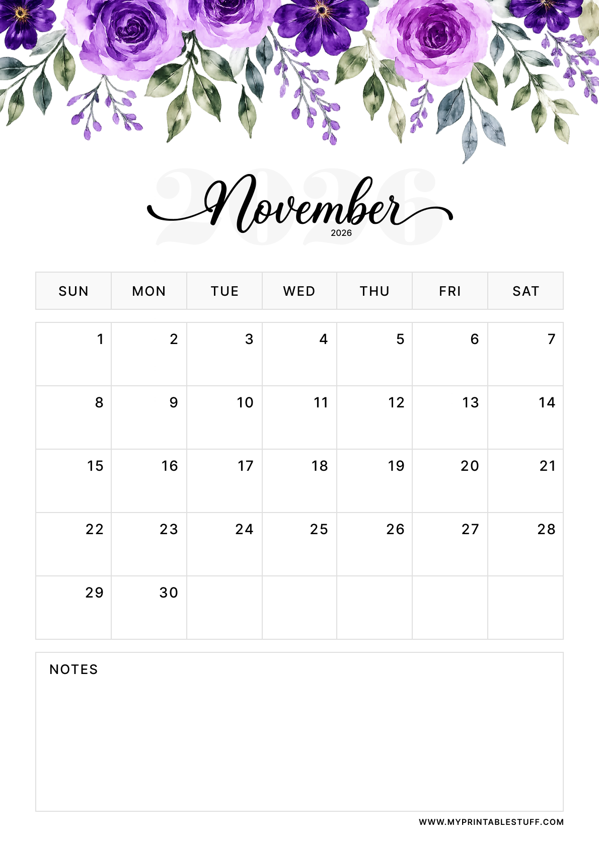 Floral Elegance Design November 2026 Calendar Portrait