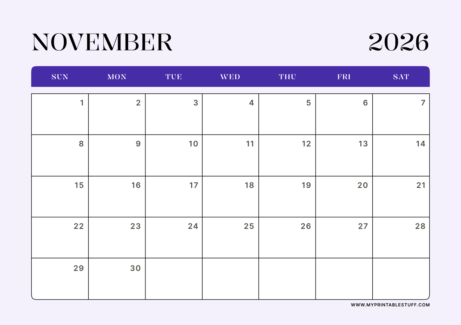 Lavender Minimal Design November 2026 Calendar Landscape