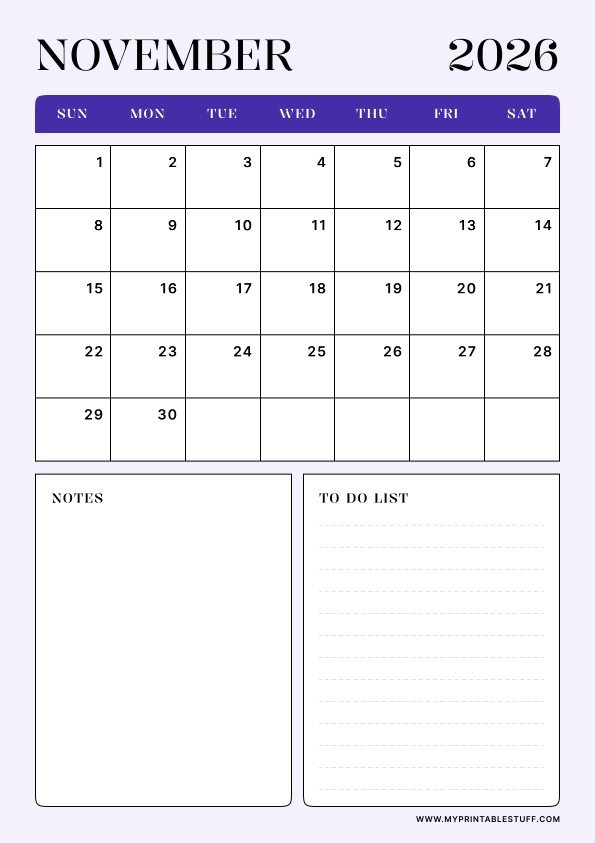 Lavender Minimal Design November 2026 Calendar Portrait