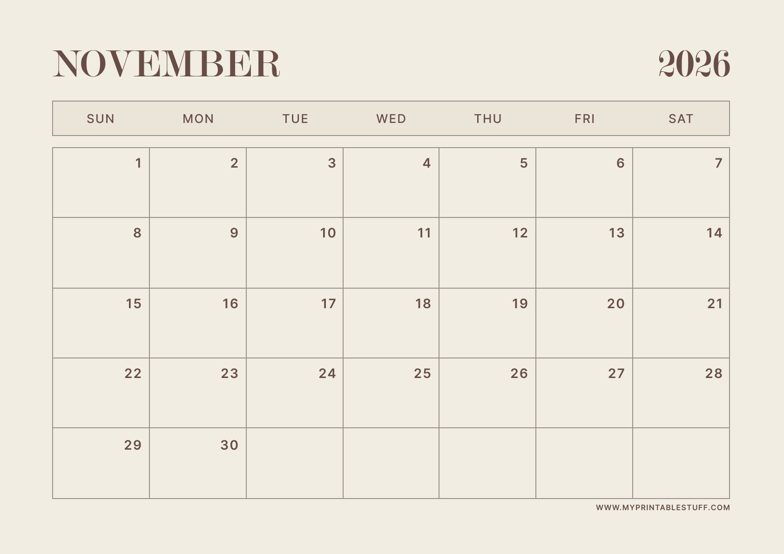 Neutral Aesthetic Design November 2026 Calendar Landscape