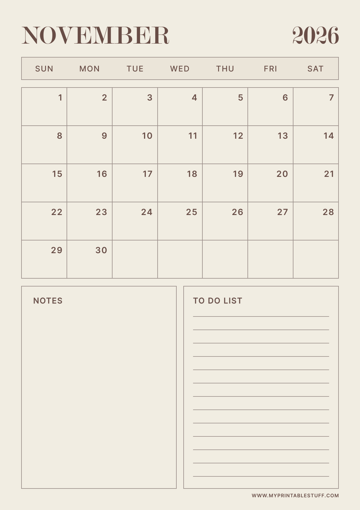 Neutral Aesthetic Design November 2026 Calendar Portrait