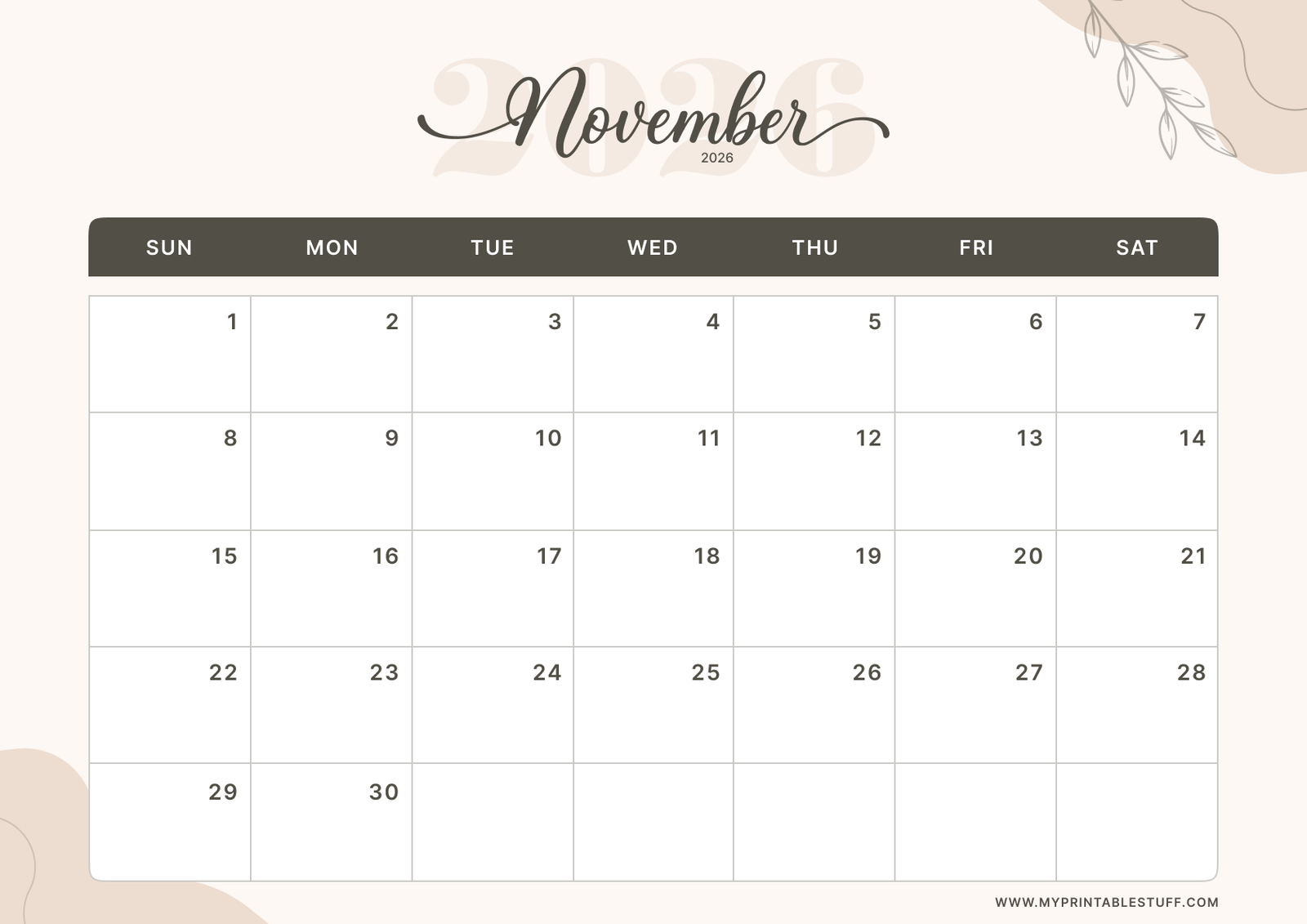 Soft Elegance Design November 2026 Calendar Landscape