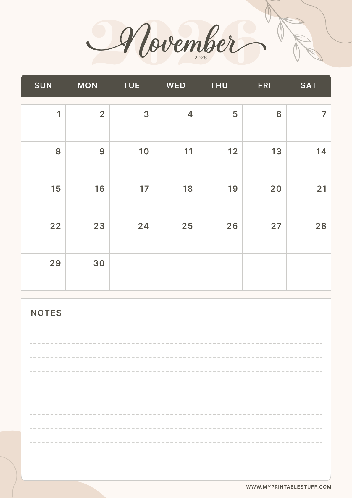Soft Elegance Design November 2026 Calendar Portrait