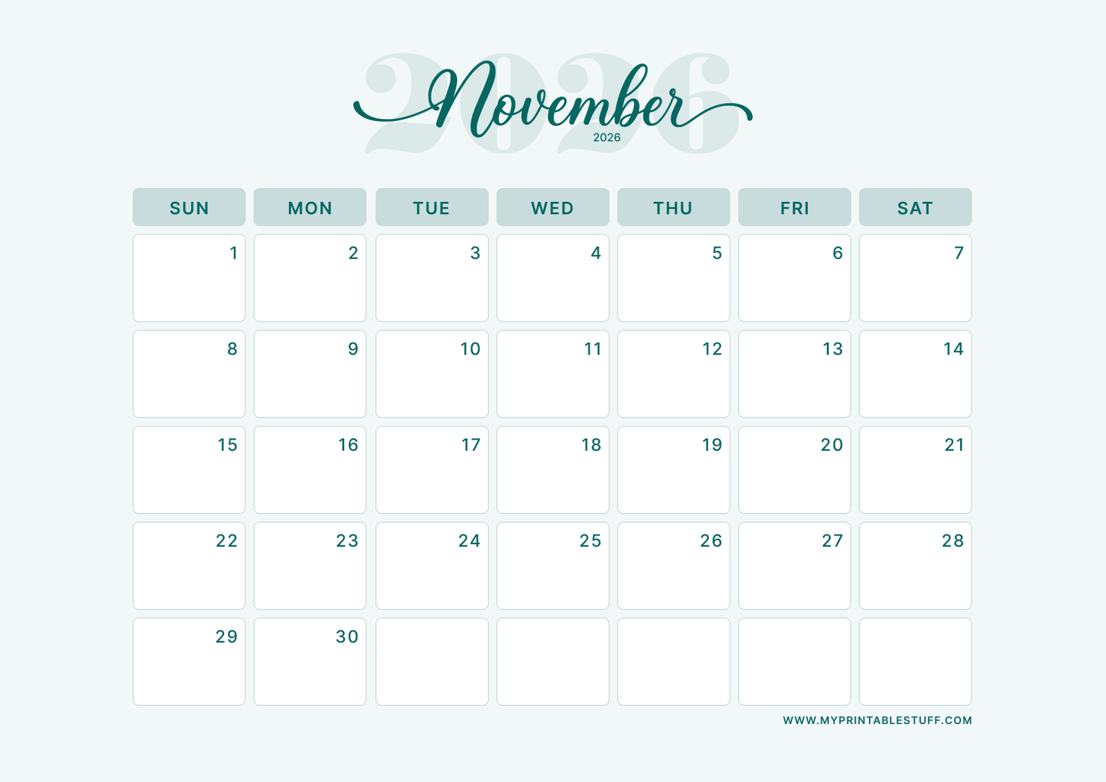 Teal Elegance Design November 2026 Calendar Landscape