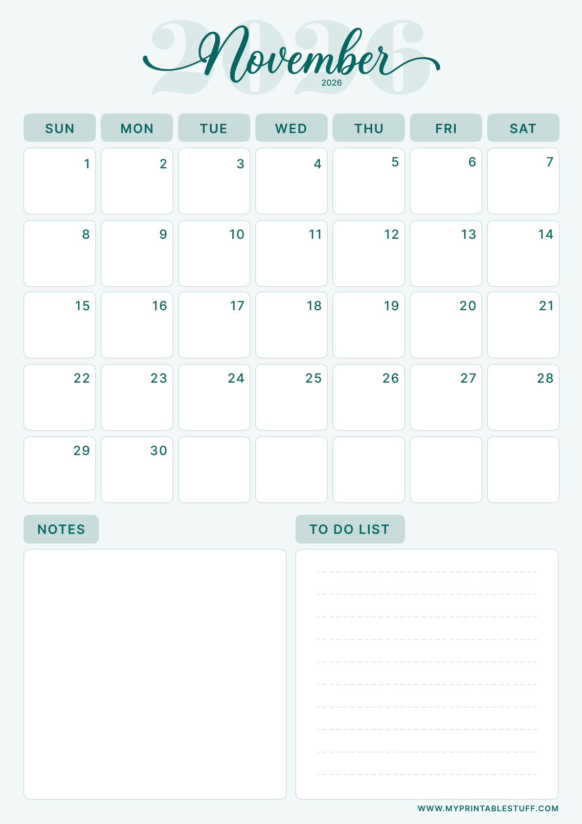 Teal Elegance Design November 2026 Calendar Portrait