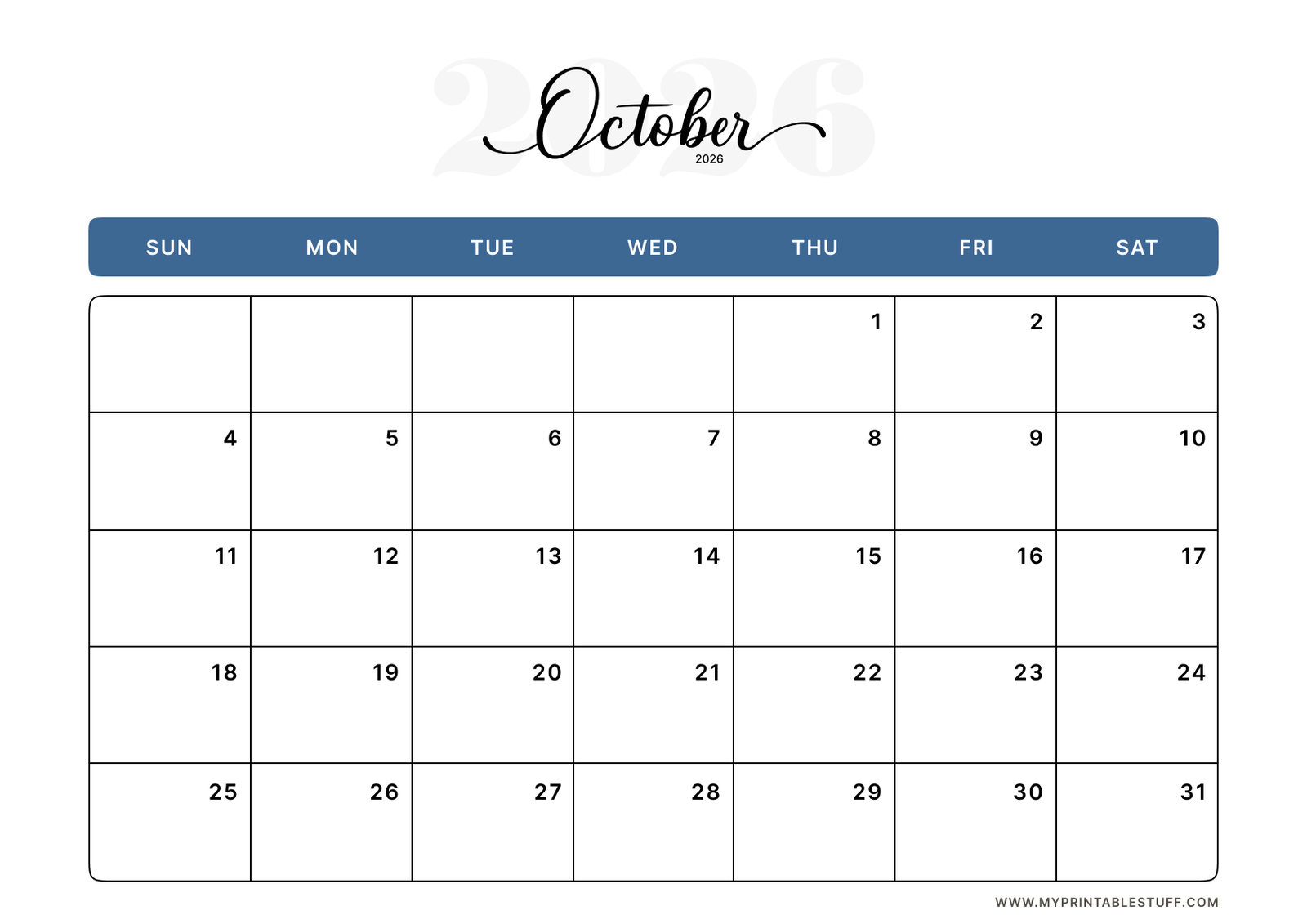 Classic Blue Design October 2026 Calendar Landscape