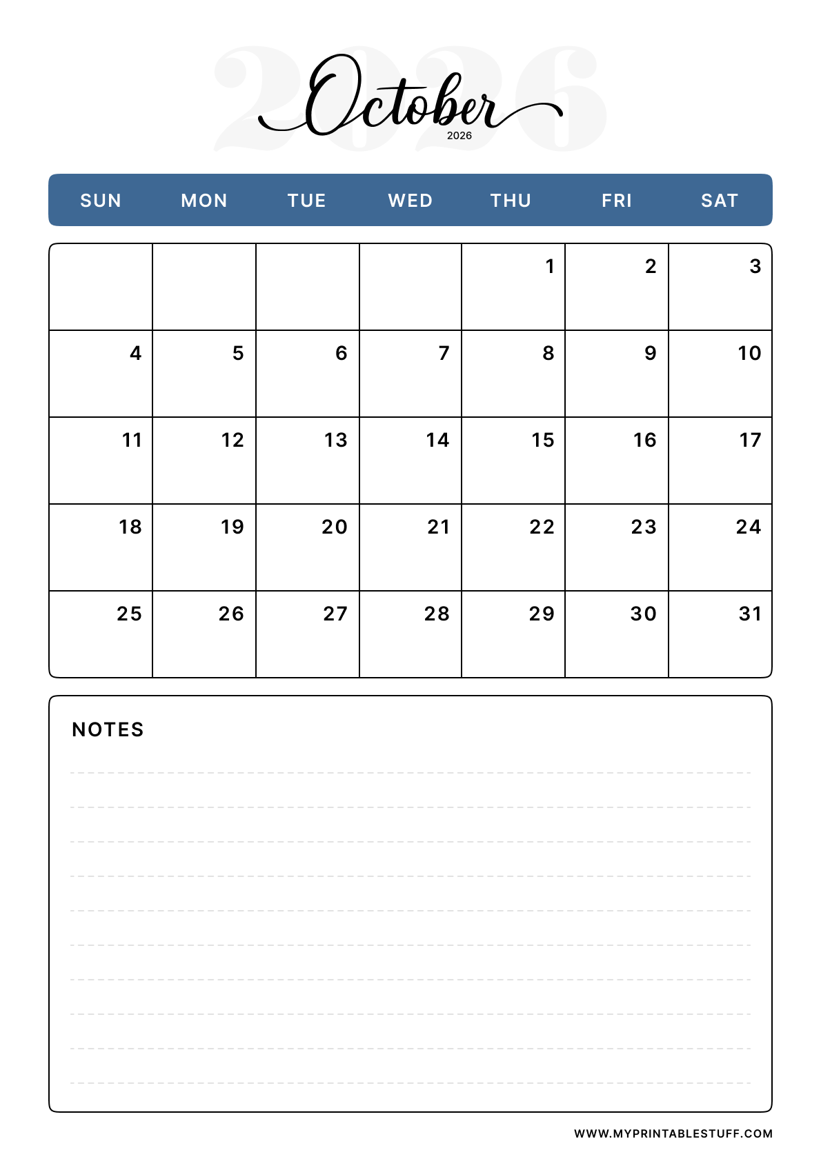 Classic Blue Design October 2026 Calendar Portrait