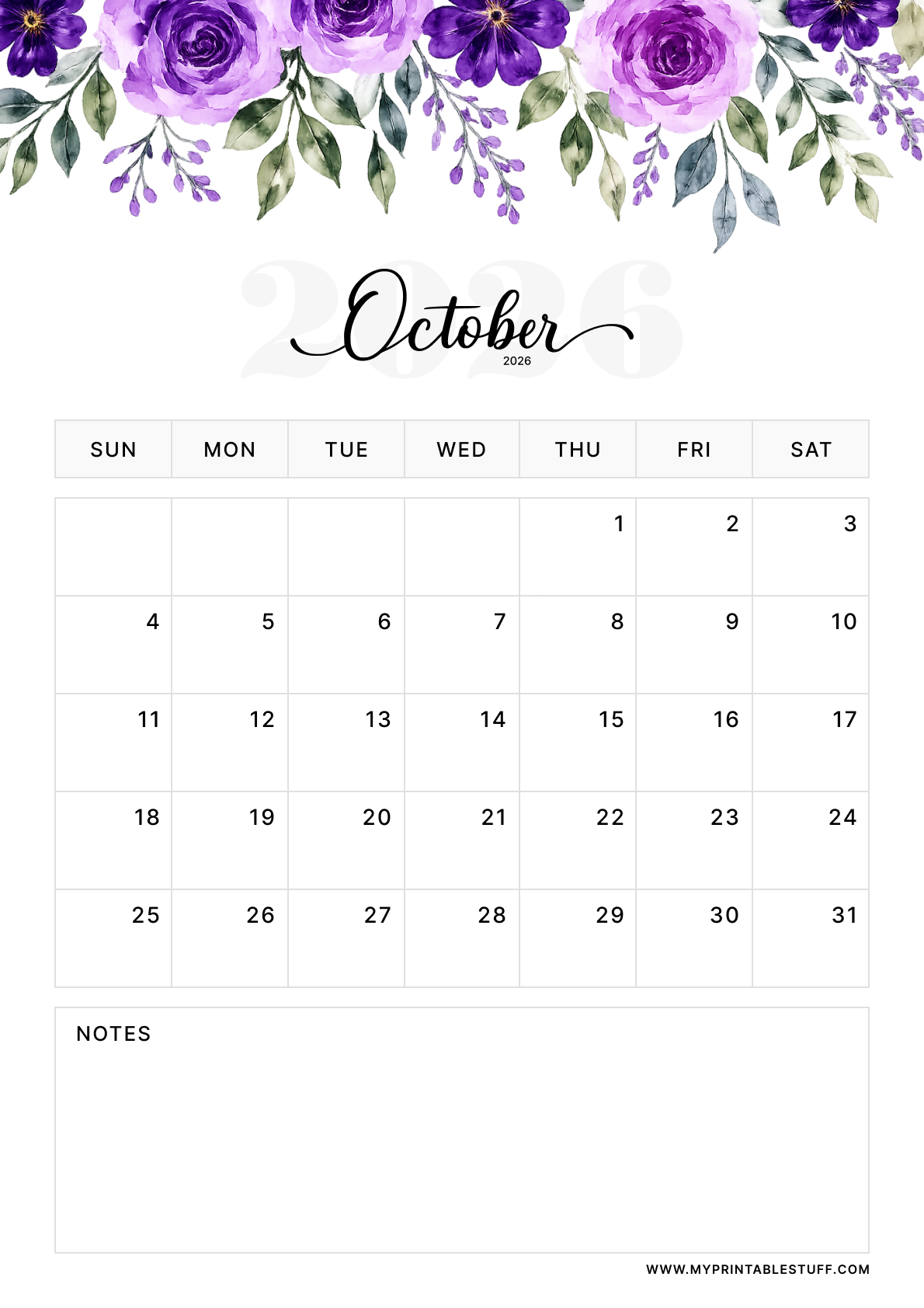 Floral Elegance Design October 2026 Calendar Portrait