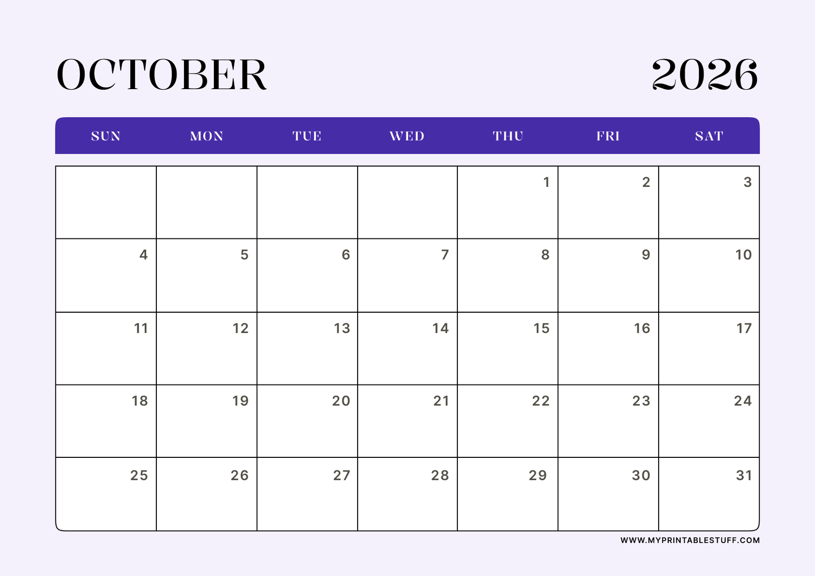 Lavender Minimal Design October 2026 Calendar Landscape