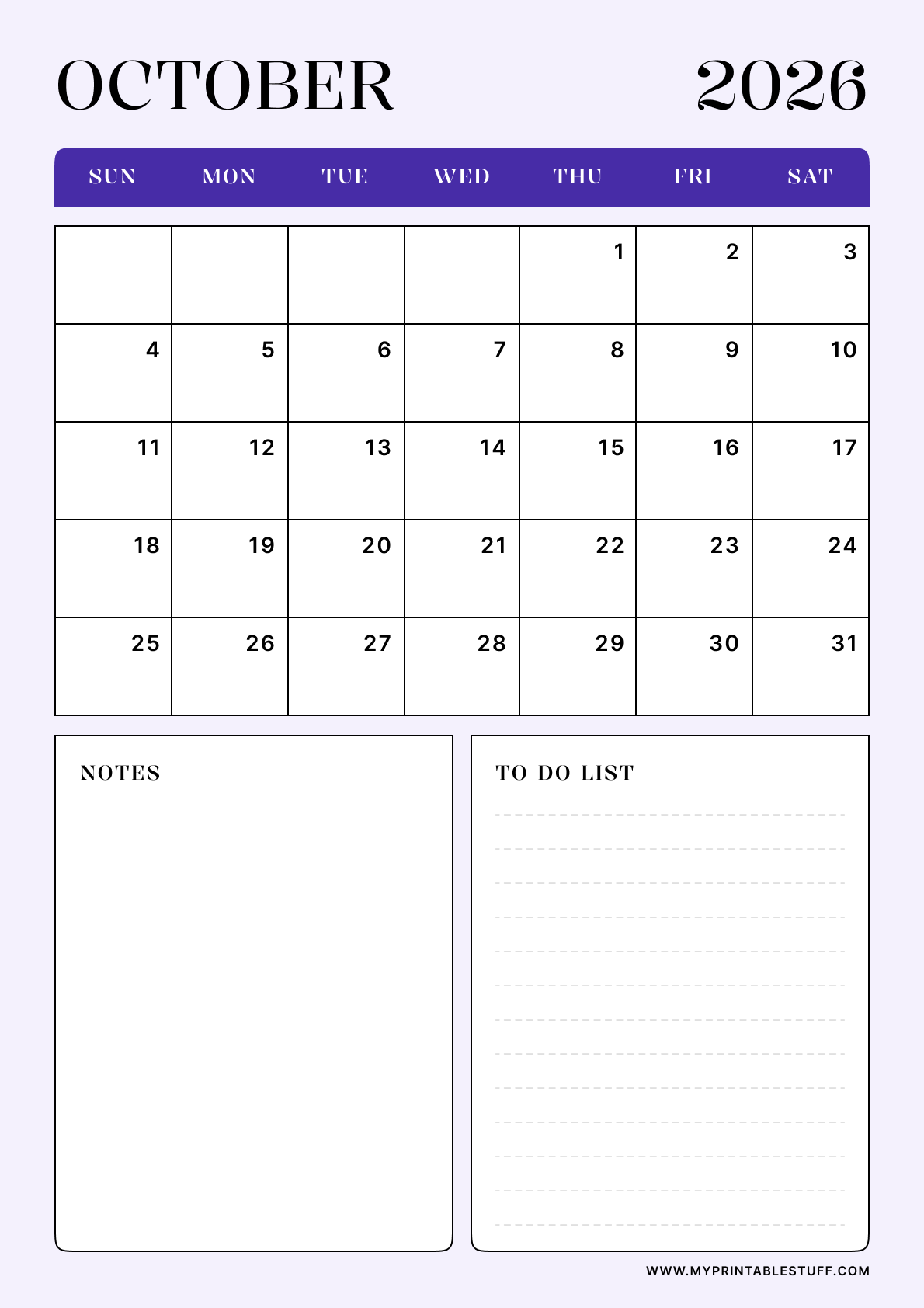 Lavender Minimal Design October 2026 Calendar Portrait