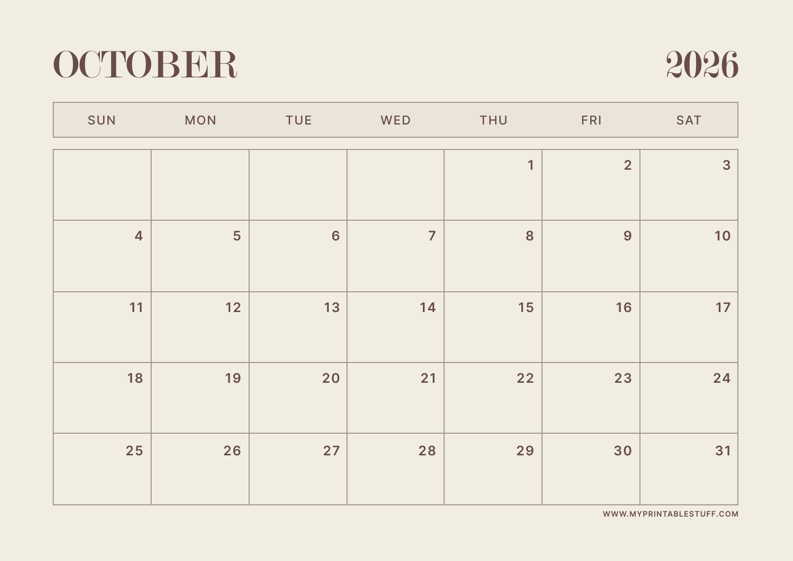 Neutral Aesthetic Design October 2026 Calendar Landscape