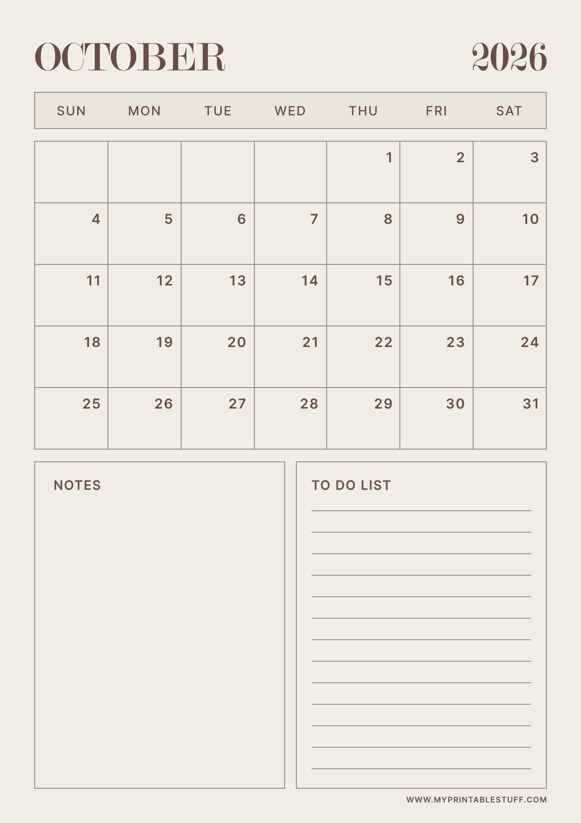 Neutral Aesthetic Design October 2026 Calendar Portrait