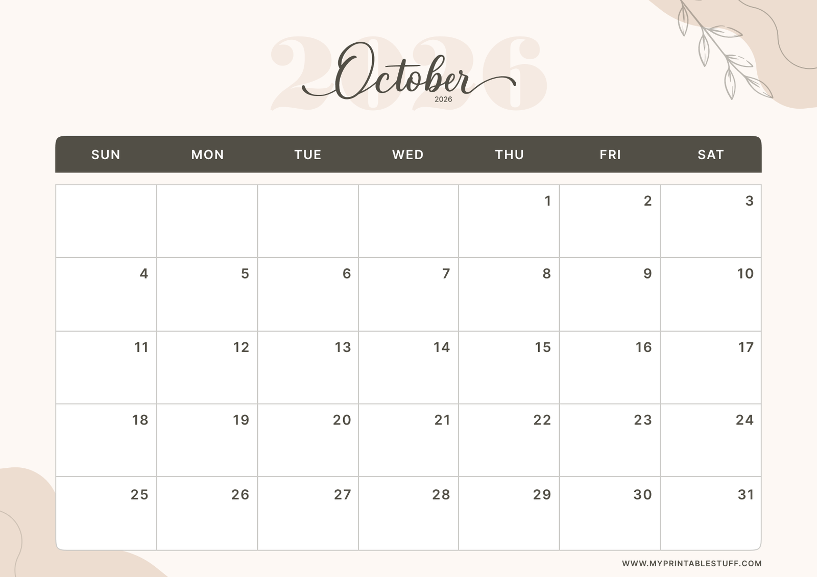 Soft Elegance Design October 2026 Calendar Landscape