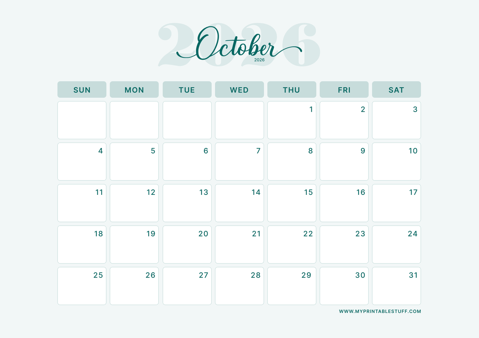 Teal Elegance Design October 2026 Calendar Landscape