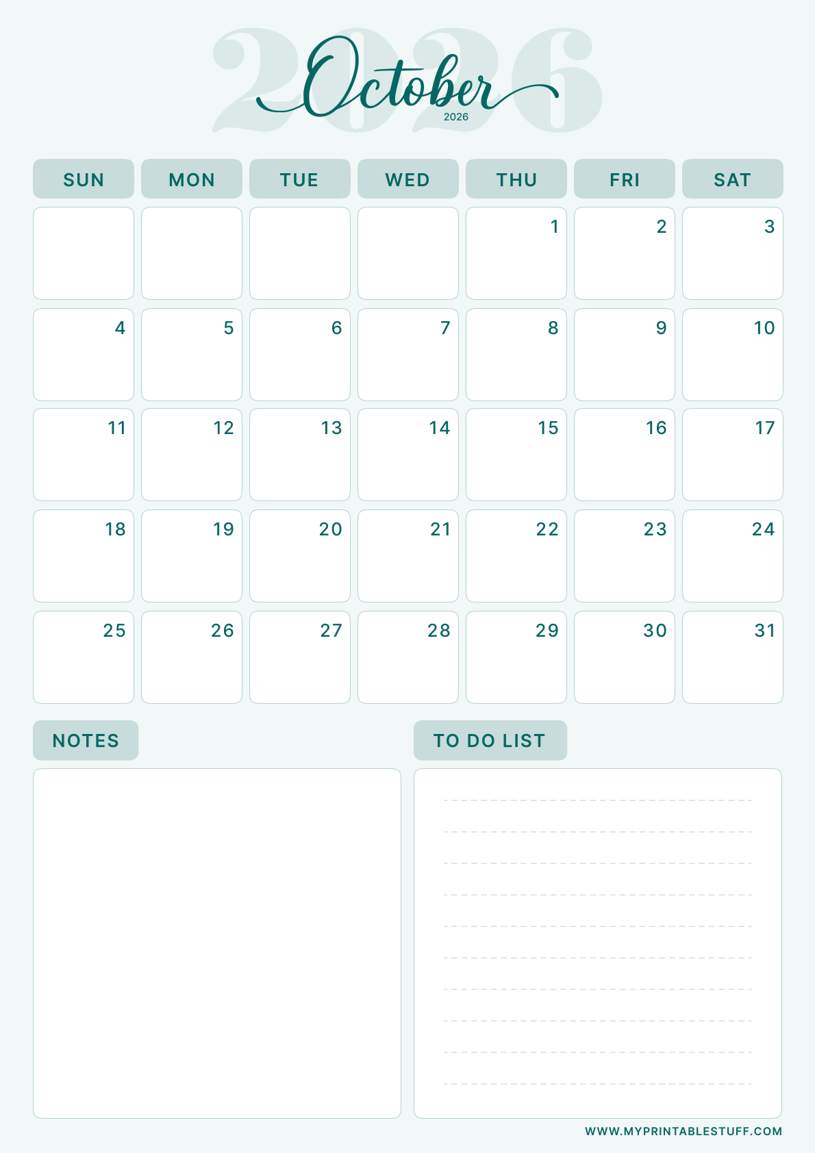 Teal Elegance Design October 2026 Calendar Portrait