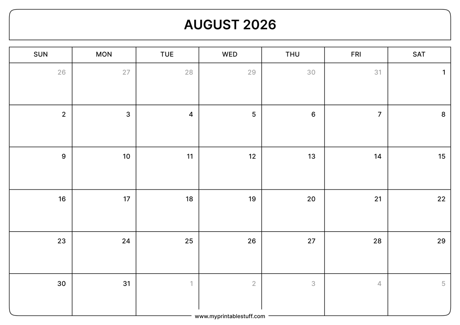 Free Printable August 2026 Calendar Landscape