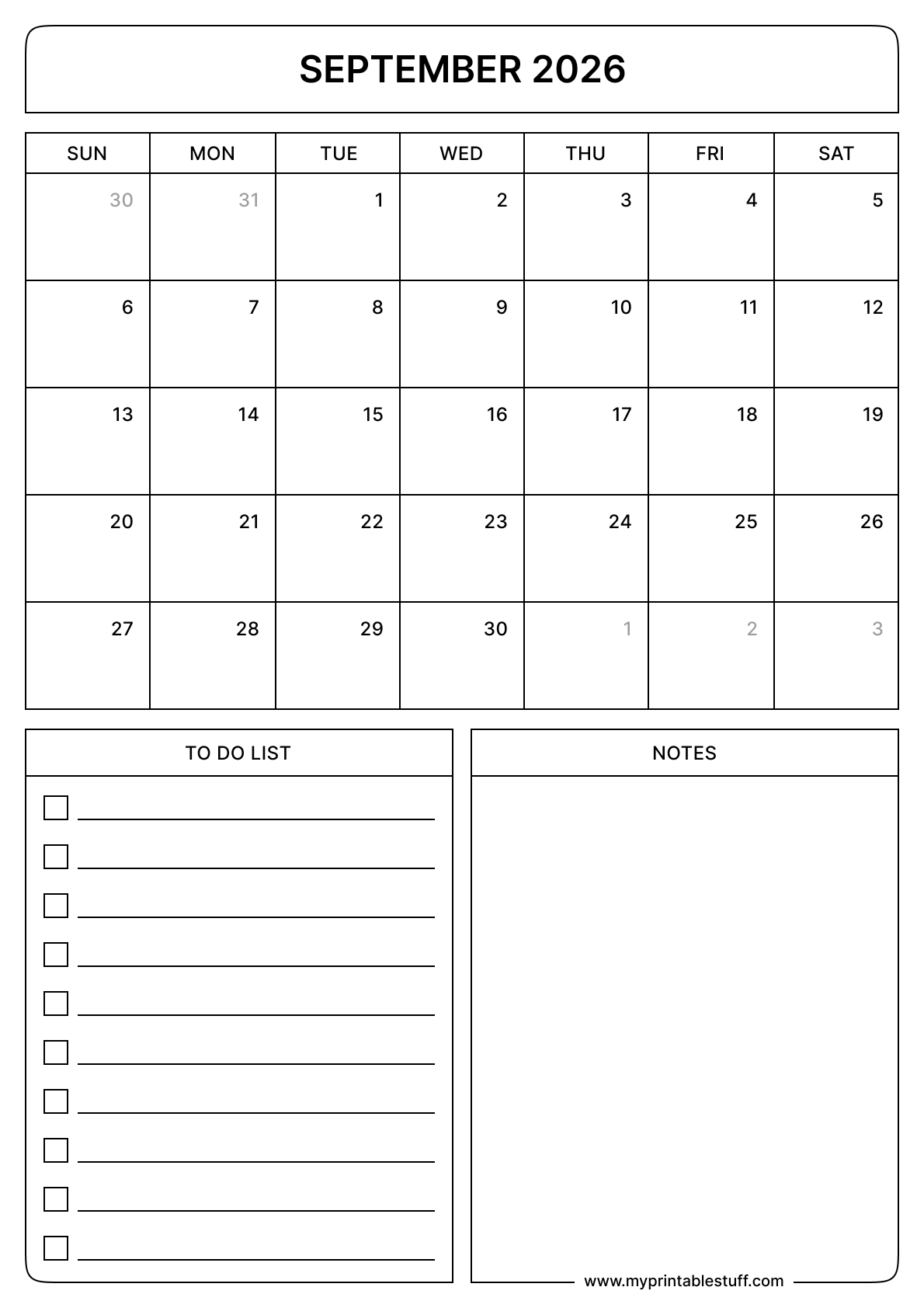 September 2026 Calendar Portrait