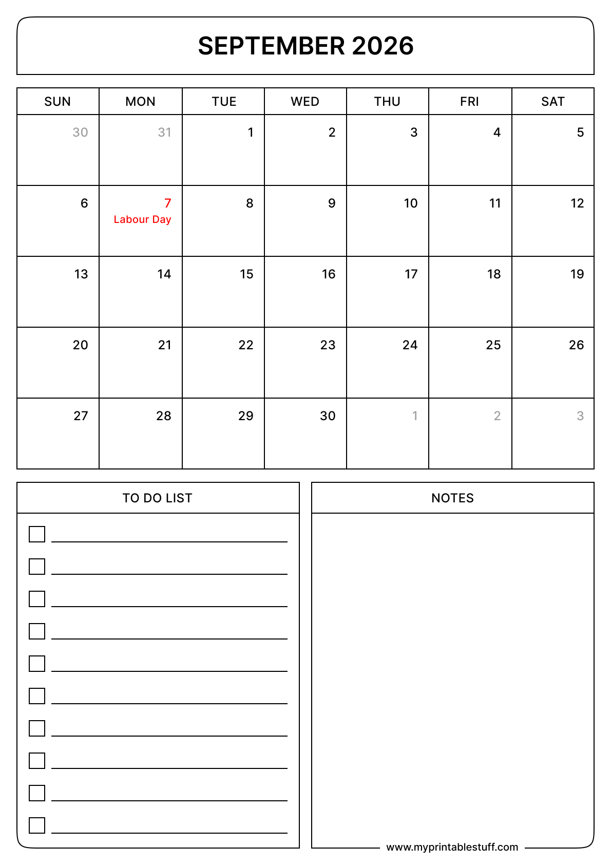 Printable September 2026 Calendar With US Holidays Portraits