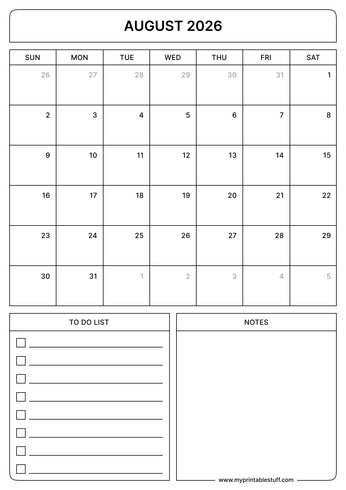 Free Printable August 2026 Calendar portrait
