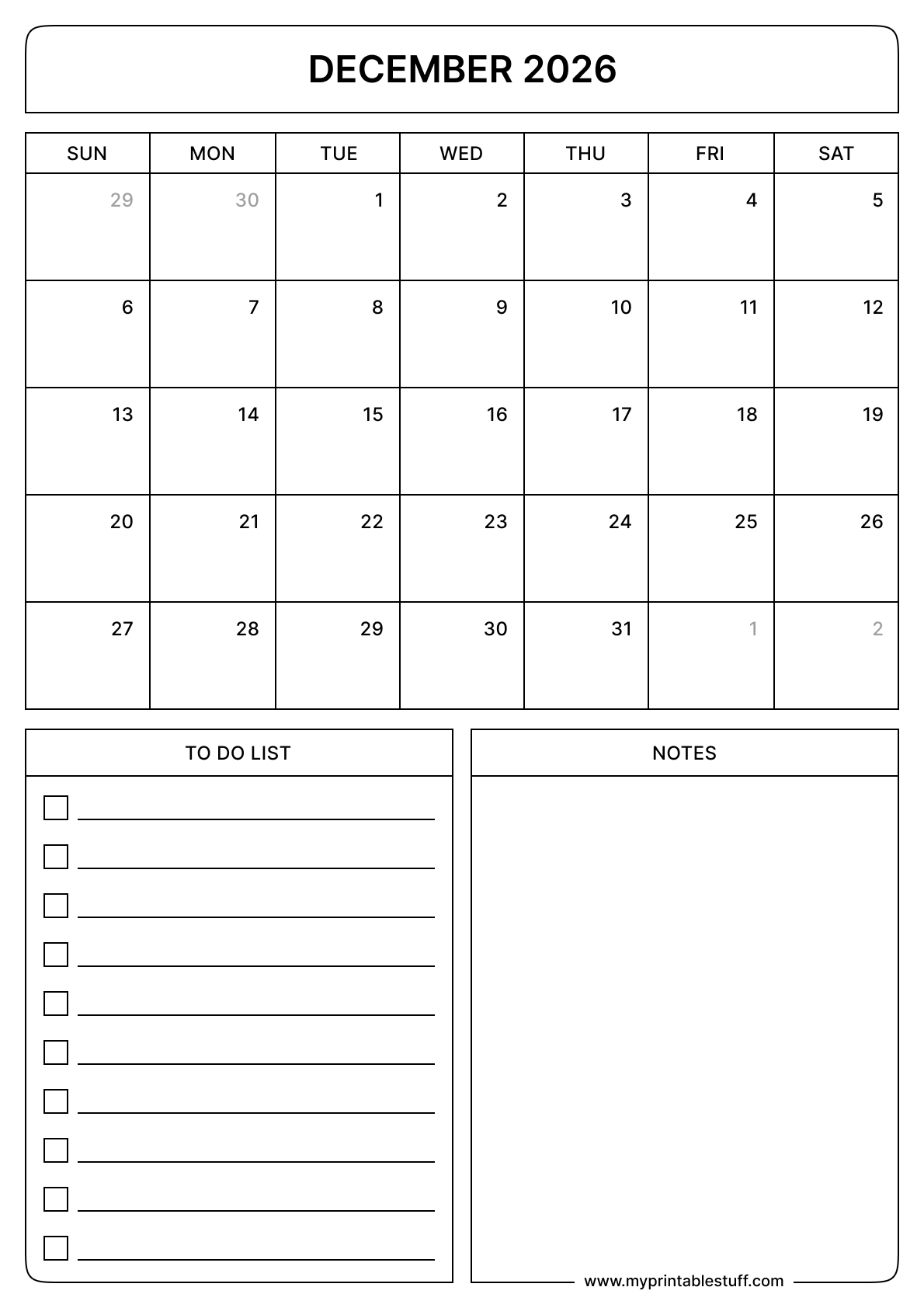 Blank Printable December 2026 Calendar Portrait