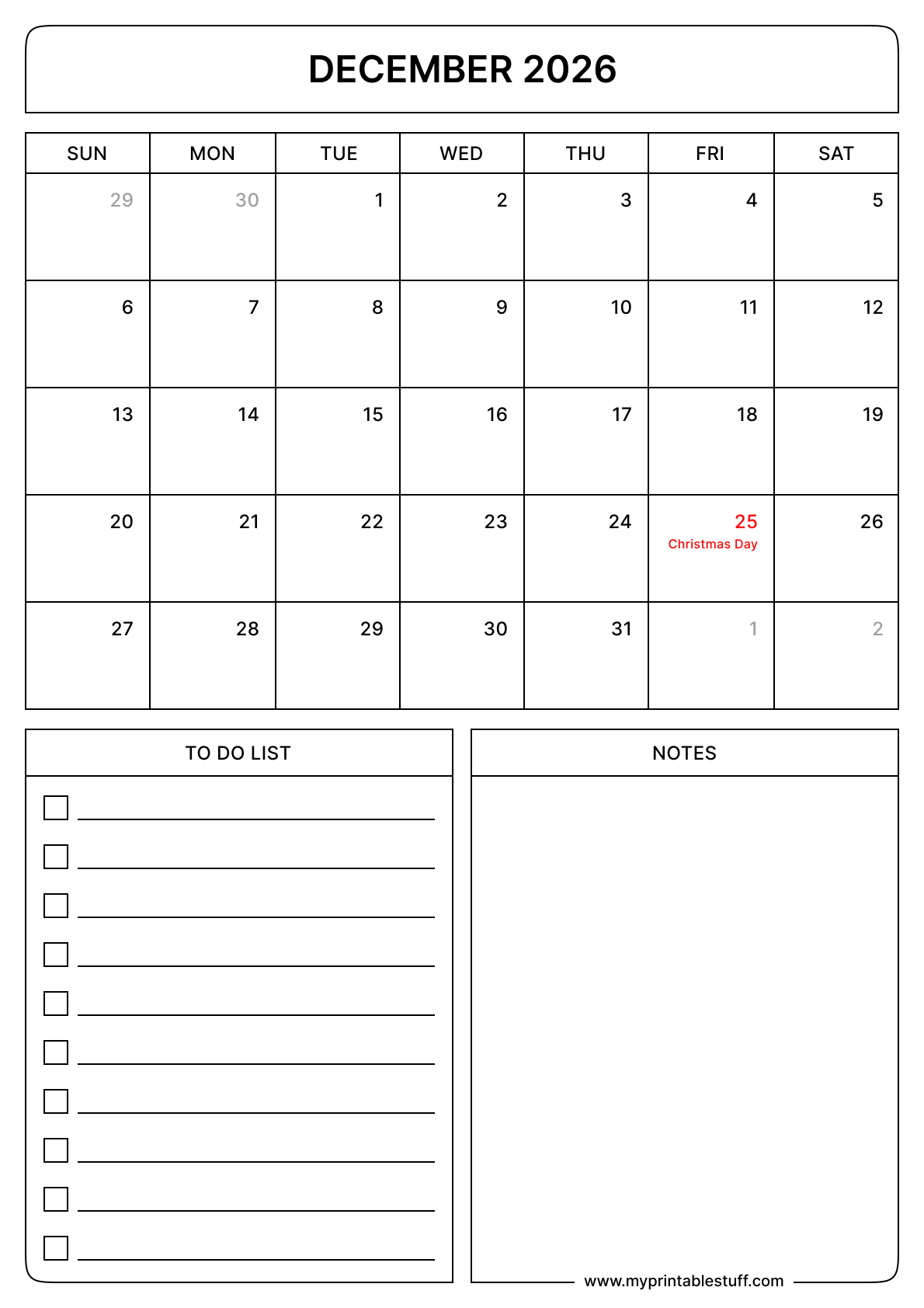 December 2026 Calendar With US Holidays Portrait