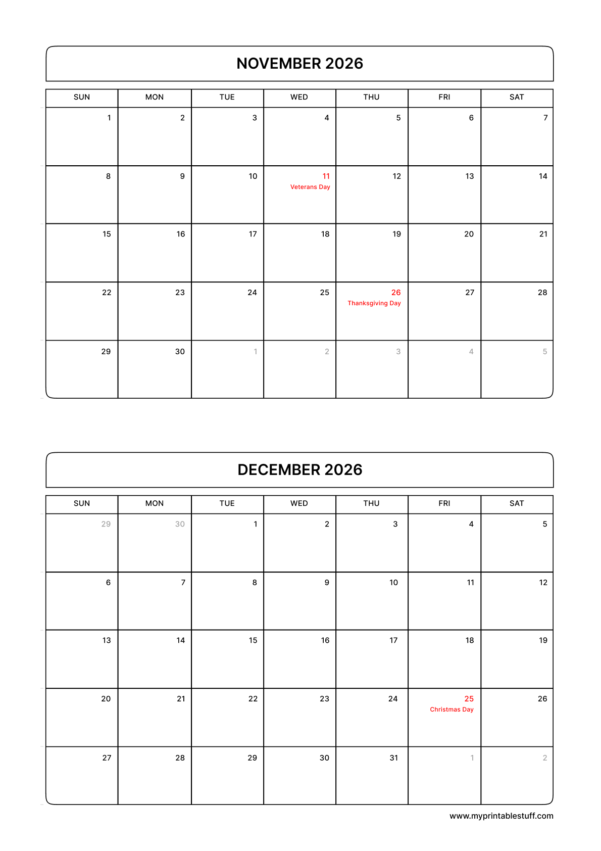 November December Calendar 2026 With US Holiday Portrait