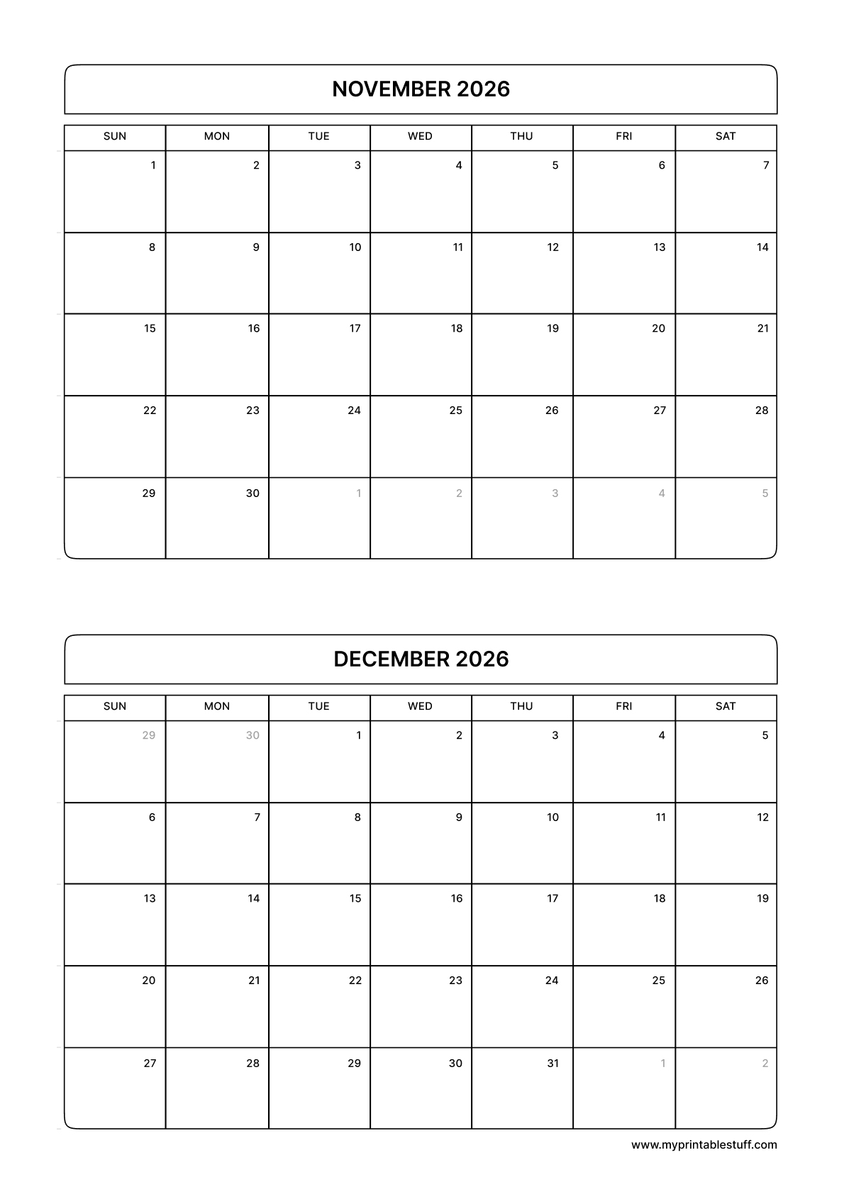 November December Calendar 2026 Portrait