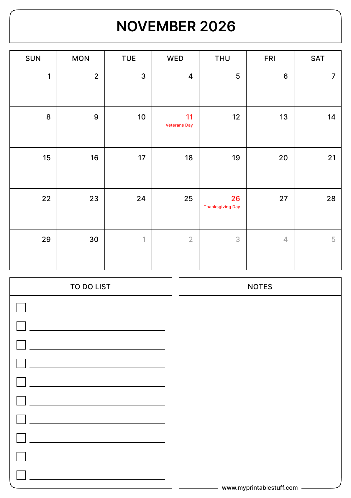 Printable November 2026 Calendar With US Holidays Portrait