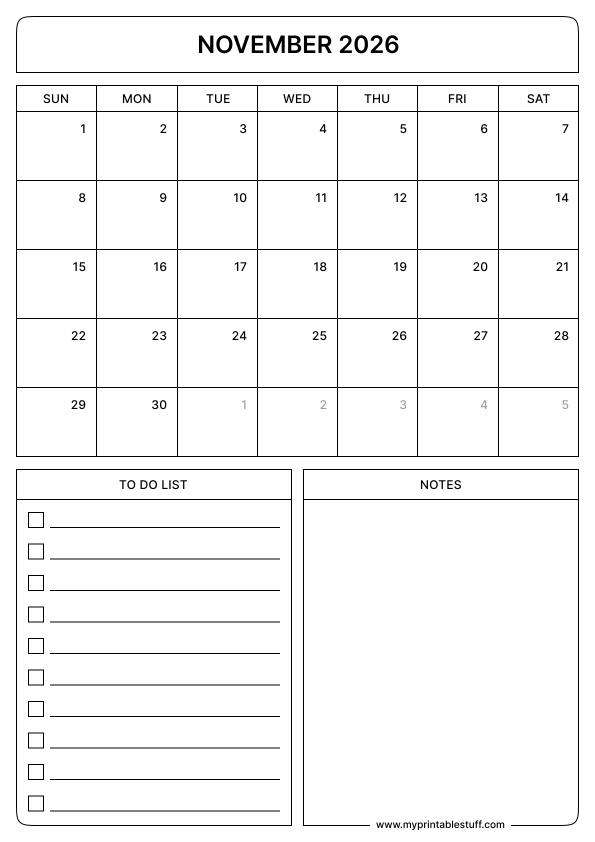 November 2026 Calendar Portrait