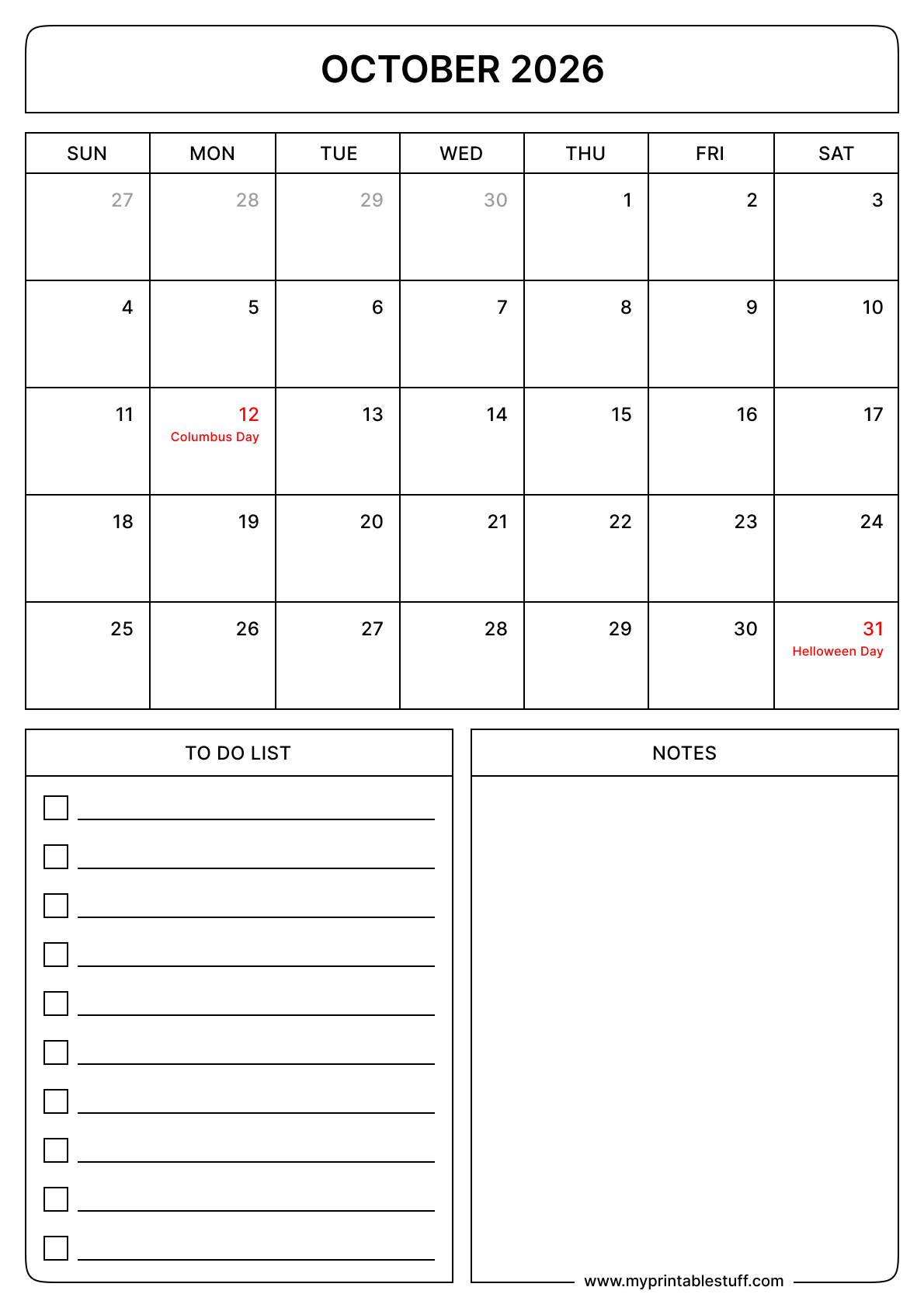 Printable October 2026 Calendar With US Holidays Portraits