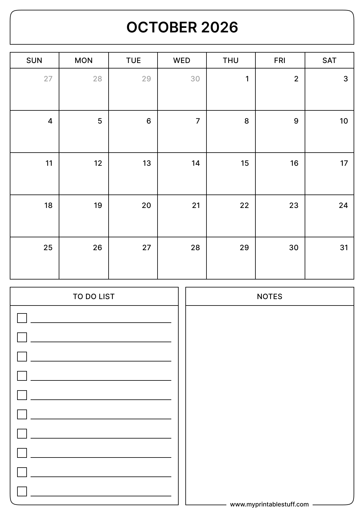 October 2026 Calendar Portrait