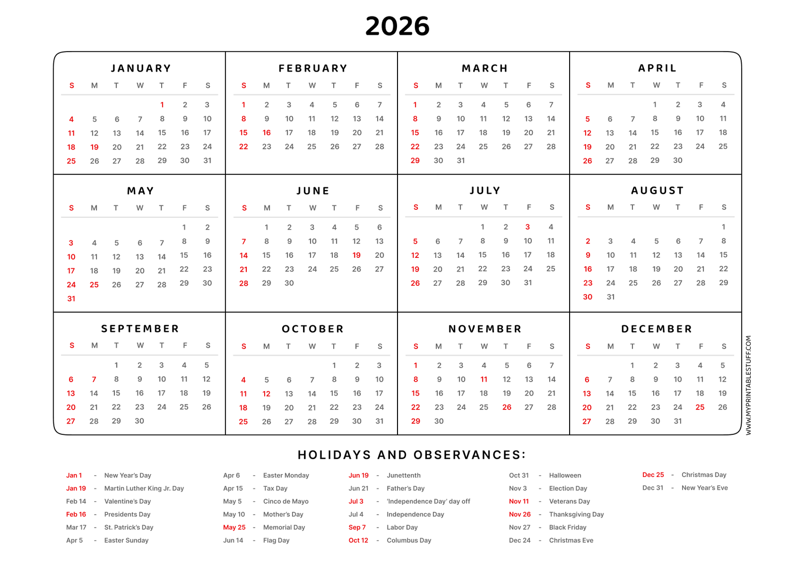 Printable 2026 Calendar with US Holidays Landscape