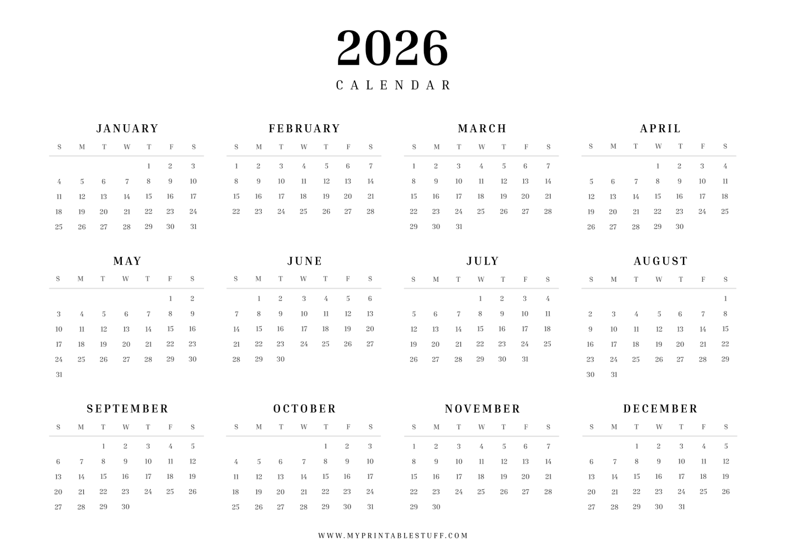 Printable 2026 Calendar Landscape
