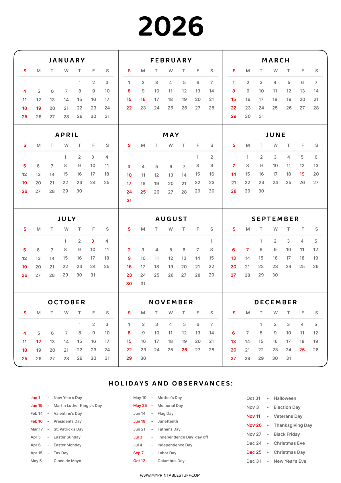 Printable 2026 Calendar with US Holidays Portrait