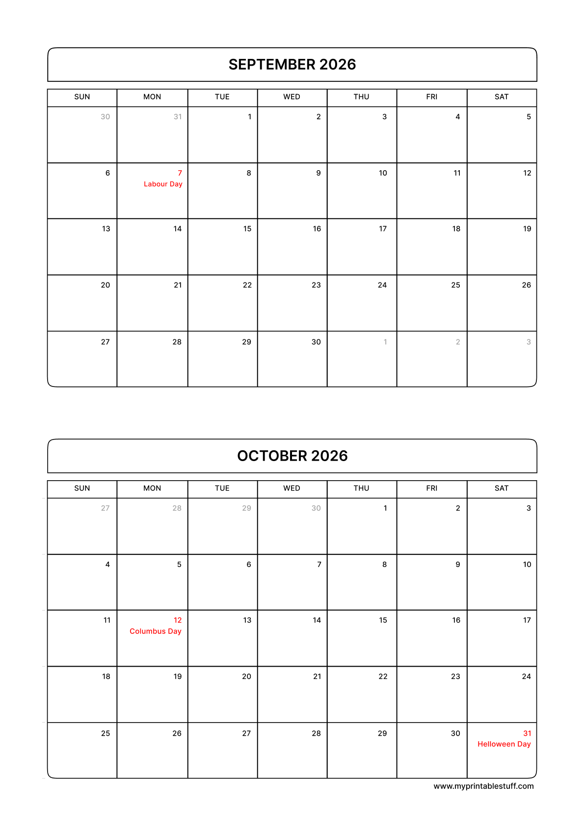 September October Calendar 2026 With US Holiday Portrait