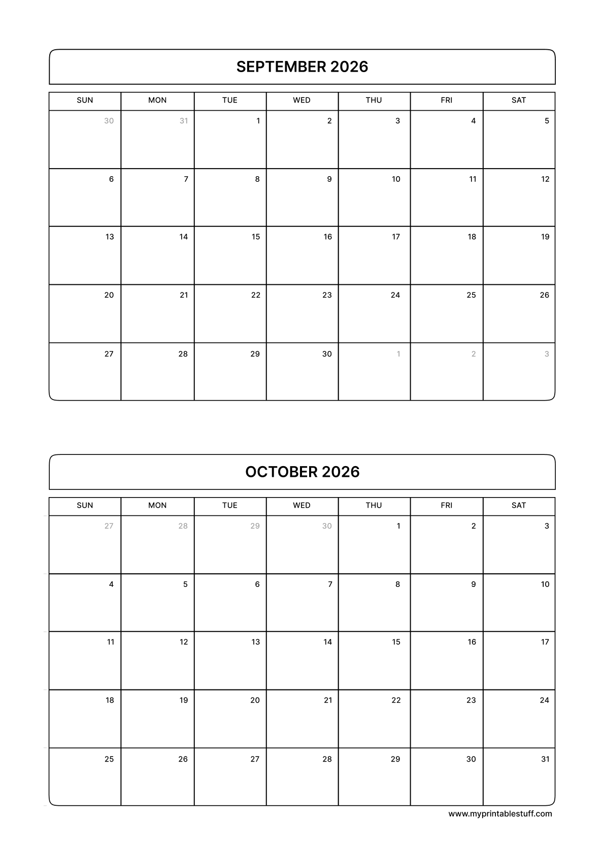 September October Calendar 2026 Portrait