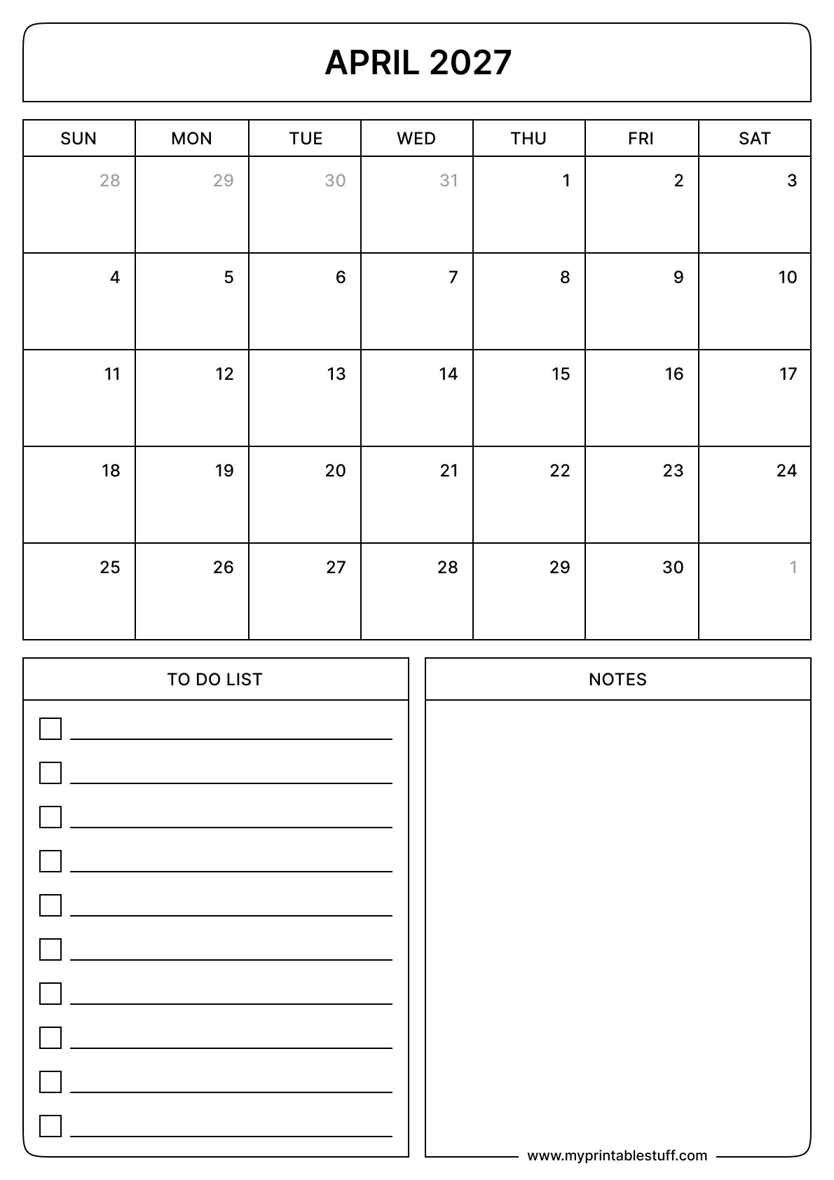 March 2027 Calendar Portrait