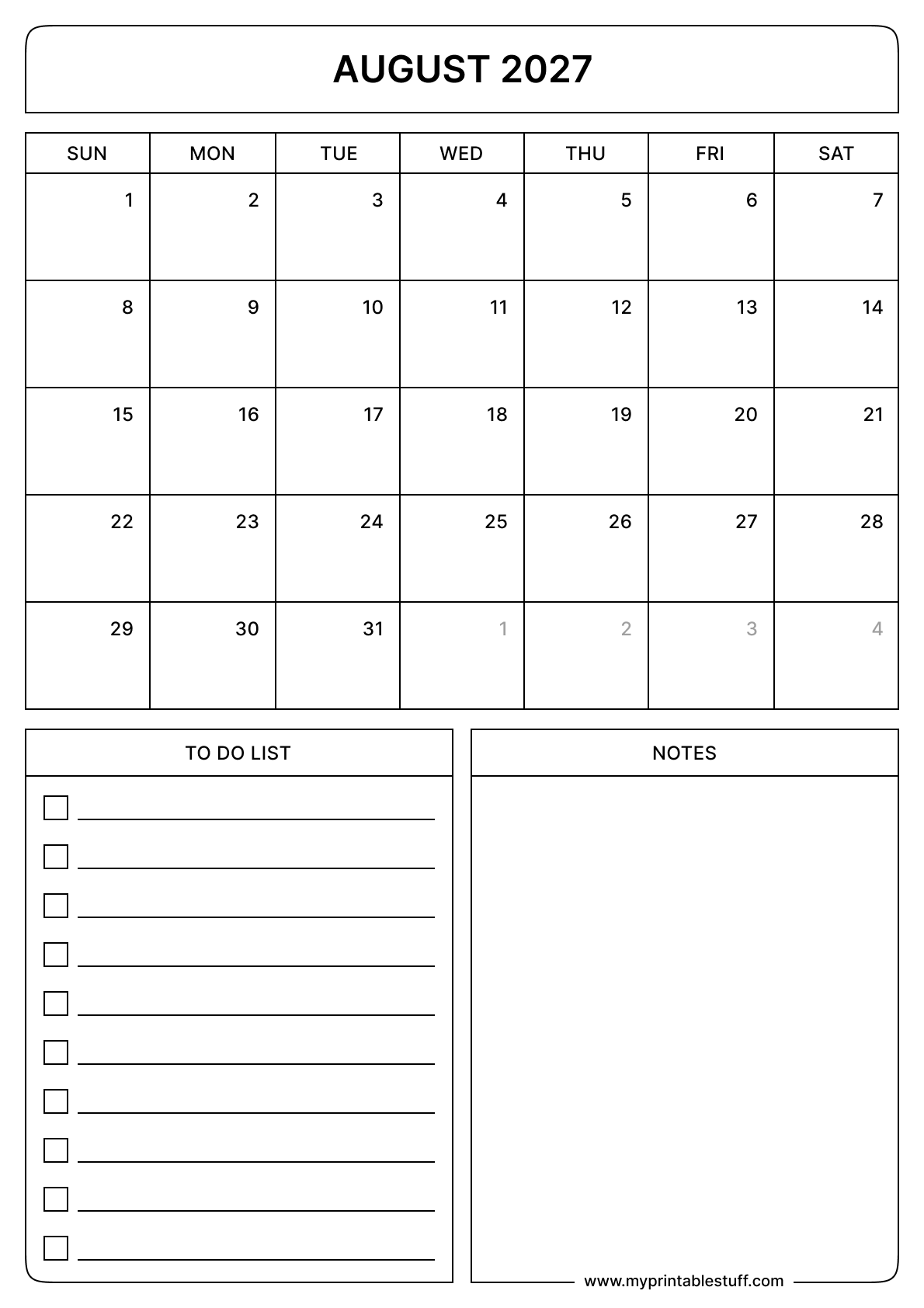 August 2027 Calendar Portrait